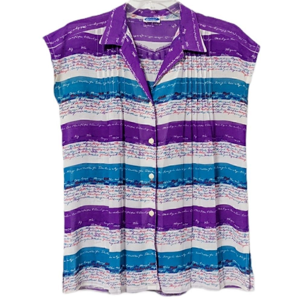 Vintage Chiffon Button Purple Multicolor Blue Purple Stripe Sleeveless O'Beta L
